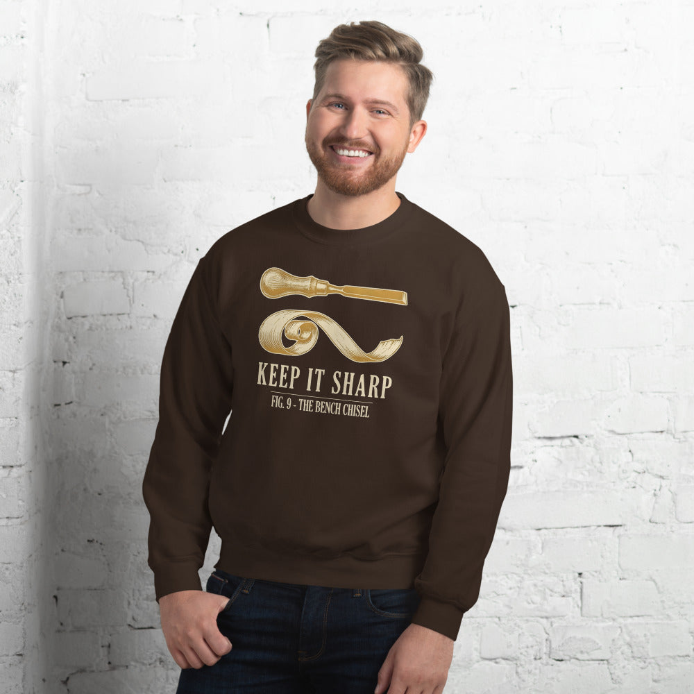 Keep It Sharp woodworking crewneck sweatshirt — Dark Chocolate, on model