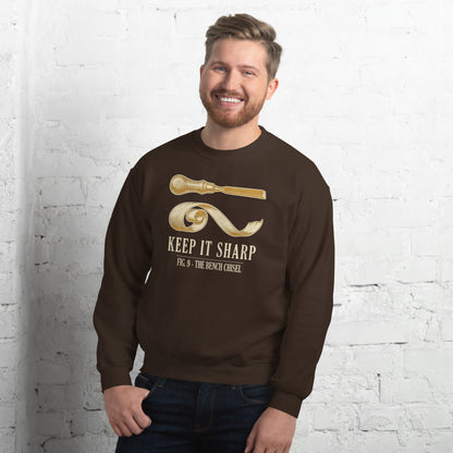 Keep It Sharp woodworking crewneck sweatshirt — Dark Chocolate, on model