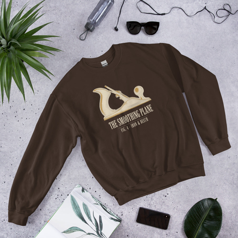 Fig. 4 The Smoothing Plane woodworking crewneck sweatshirt — Dark Chocolate, front-right