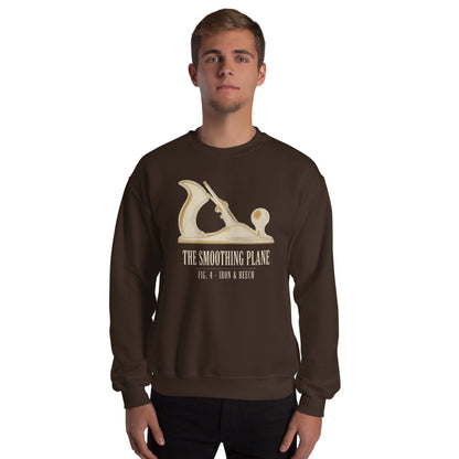 Fig. 4 The Smoothing Plane woodworking crewneck sweatshirt — Dark Chocolate, on model