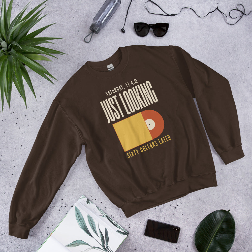 Just Looking Sixty Dollars Later vinyl record crewneck sweatshirt — Dark Chocolate, front-right