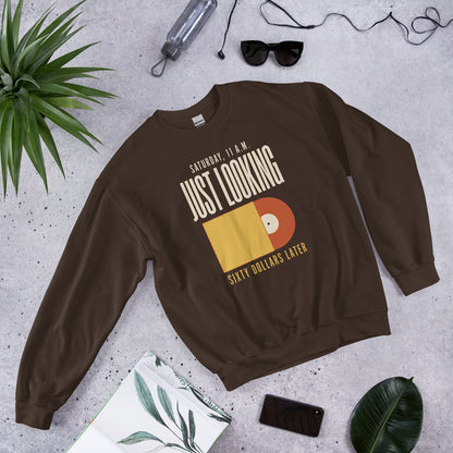 Just Looking Sixty Dollars Later vinyl record crewneck sweatshirt — Dark Chocolate, front-right