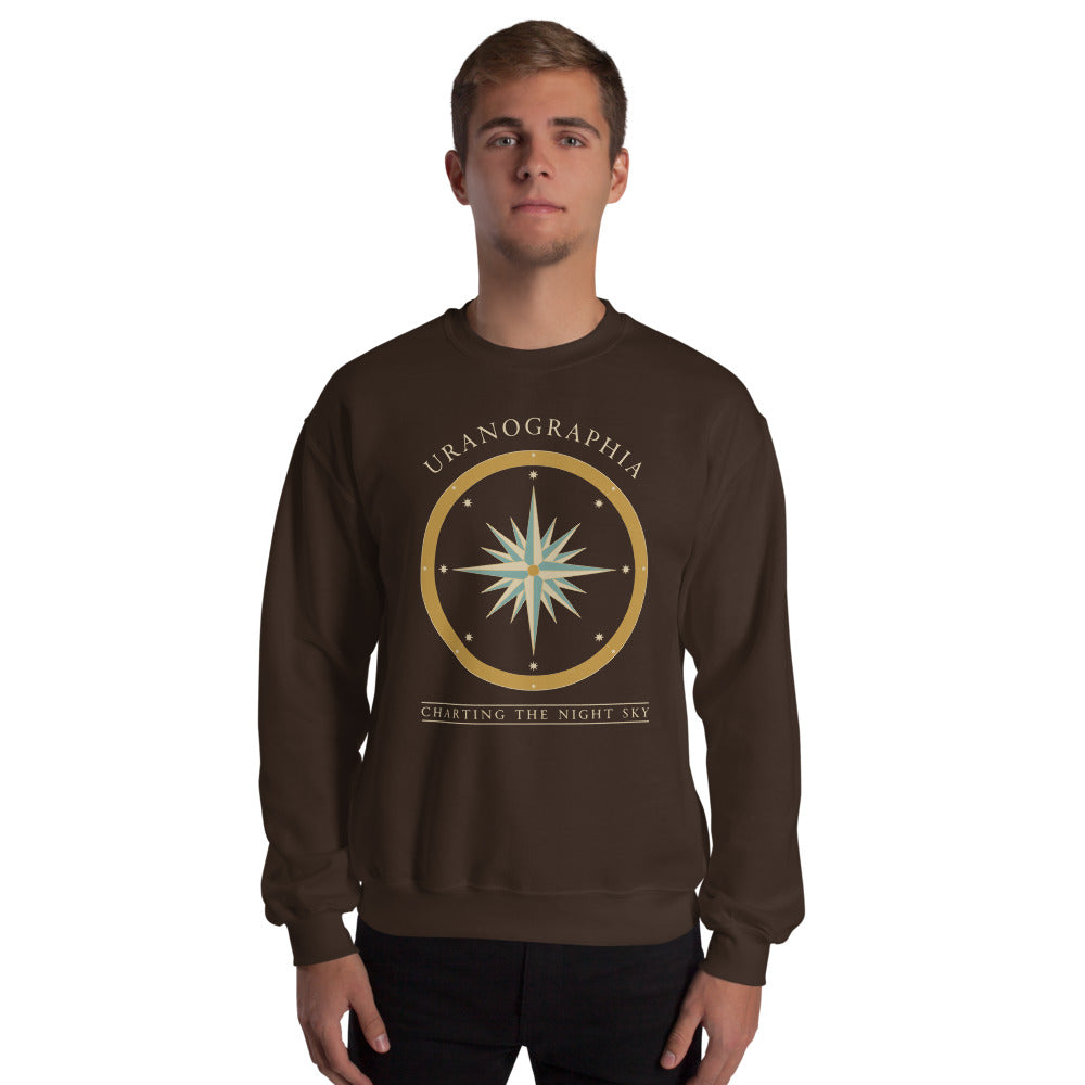 Uranographia vintage celestial chart astronomy crewneck sweatshirt — Dark Chocolate, on model