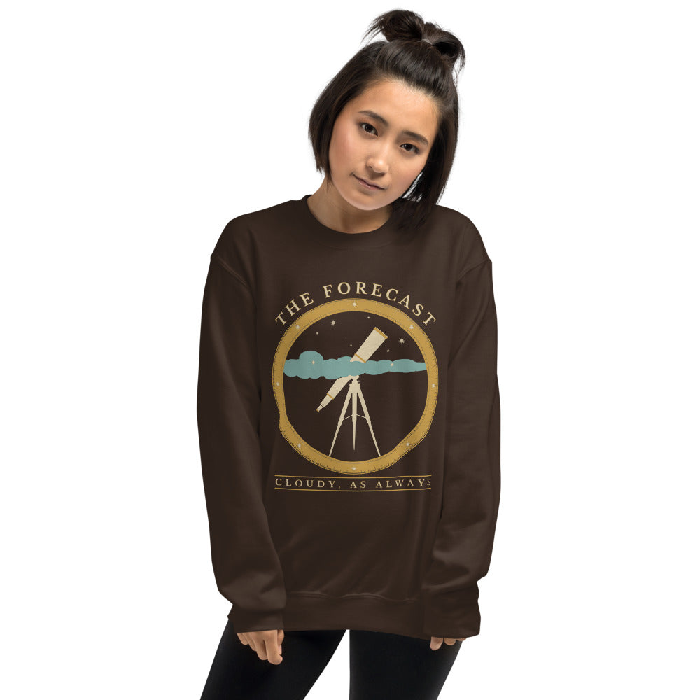 The Forecast Cloudy As Always funny astronomy crewneck sweatshirt — Dark Chocolate, on model