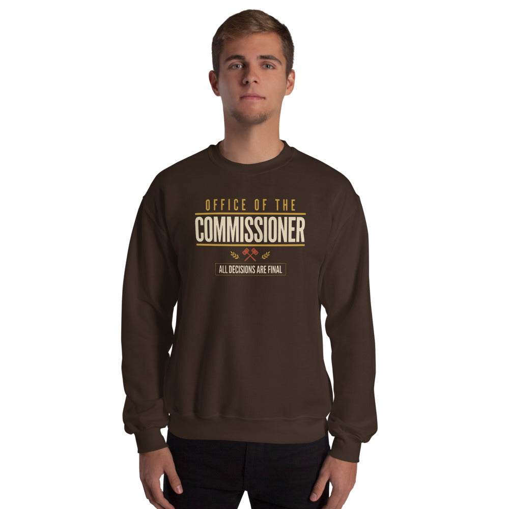 Office of the Commissioner fantasy football draft crewneck sweatshirt — Dark Chocolate, on model