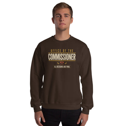 Office of the Commissioner fantasy football draft crewneck sweatshirt — Dark Chocolate, on model
