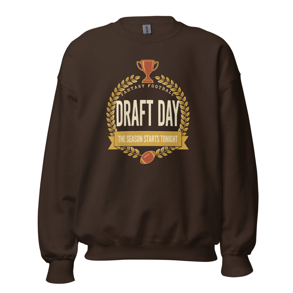 Draft Day Almanac vintage fantasy football champion crewneck sweatshirt — Dark Chocolate, front