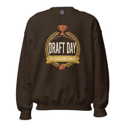 Draft Day Almanac vintage fantasy football champion crewneck sweatshirt — Dark Chocolate, front