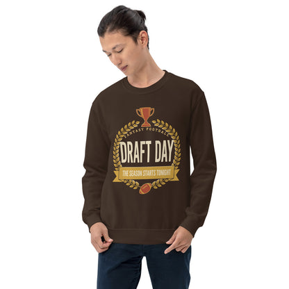 Draft Day Almanac vintage fantasy football champion crewneck sweatshirt — Dark Chocolate, on model