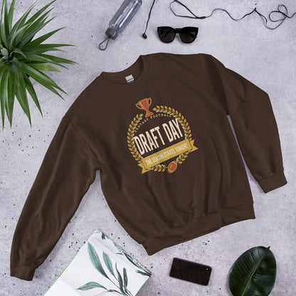 Draft Day Almanac vintage fantasy football champion crewneck sweatshirt — Dark Chocolate, front-right