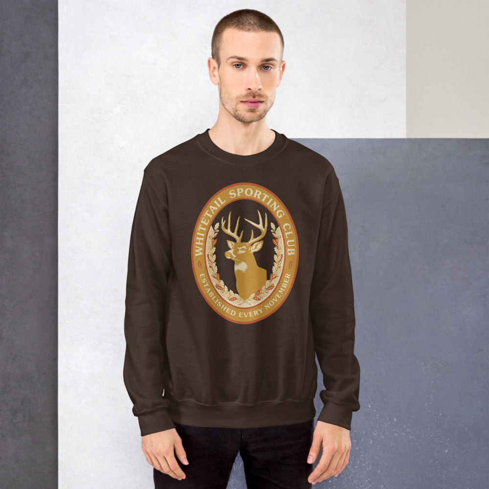 Whitetail Sporting Club vintage deer hunting crewneck sweatshirt — Dark Chocolate, on model