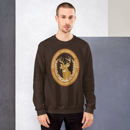 Whitetail Sporting Club vintage deer hunting crewneck sweatshirt — Dark Chocolate, on model