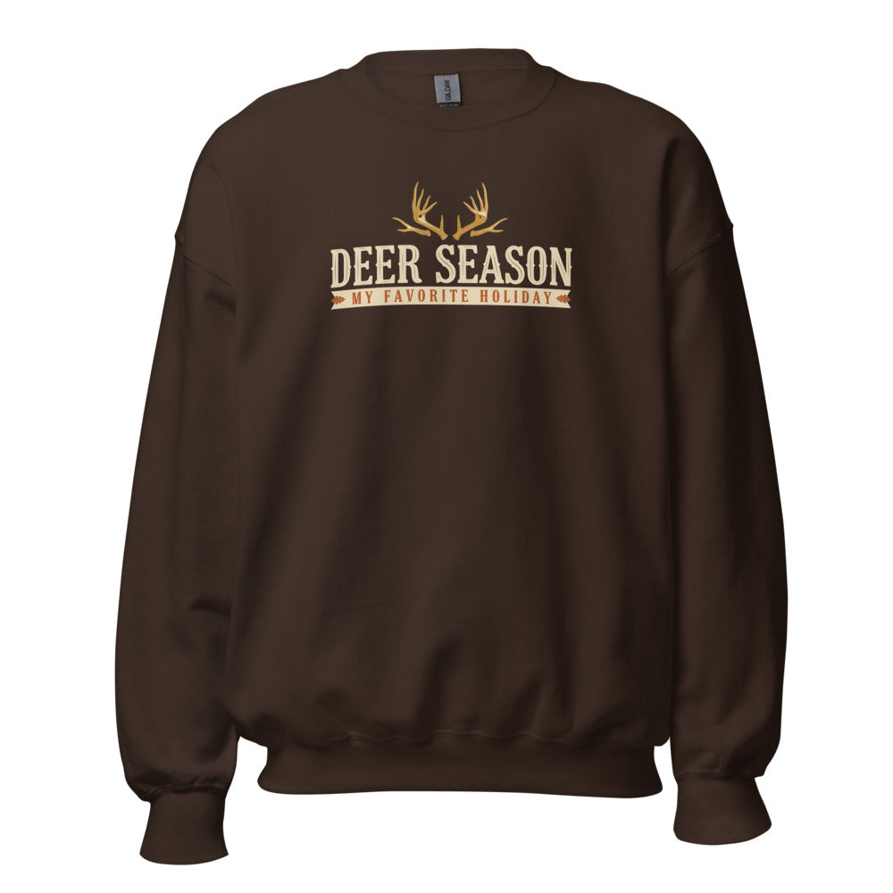 Deer Season My Favorite Holiday deer hunting crewneck sweatshirt — Dark Chocolate, front