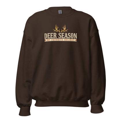 Deer Season My Favorite Holiday deer hunting crewneck sweatshirt — Dark Chocolate, front