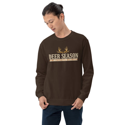 Deer Season My Favorite Holiday deer hunting crewneck sweatshirt — Dark Chocolate, on model