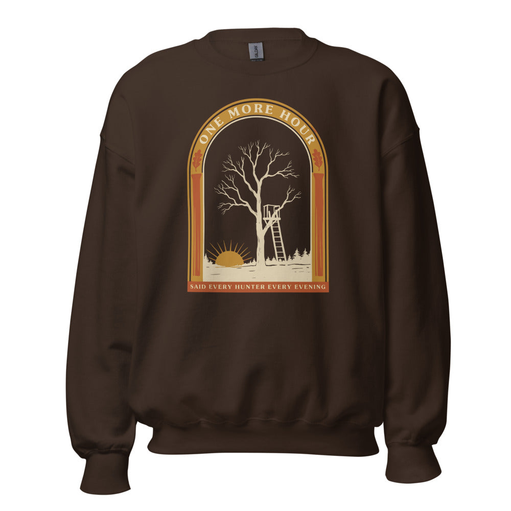 One More Hour funny deer hunting crewneck — Dark Chocolate, front
