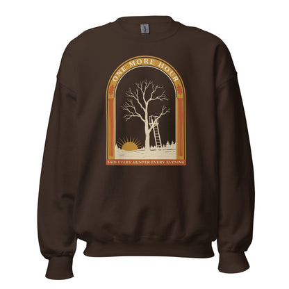 One More Hour funny deer hunting crewneck — Dark Chocolate, front