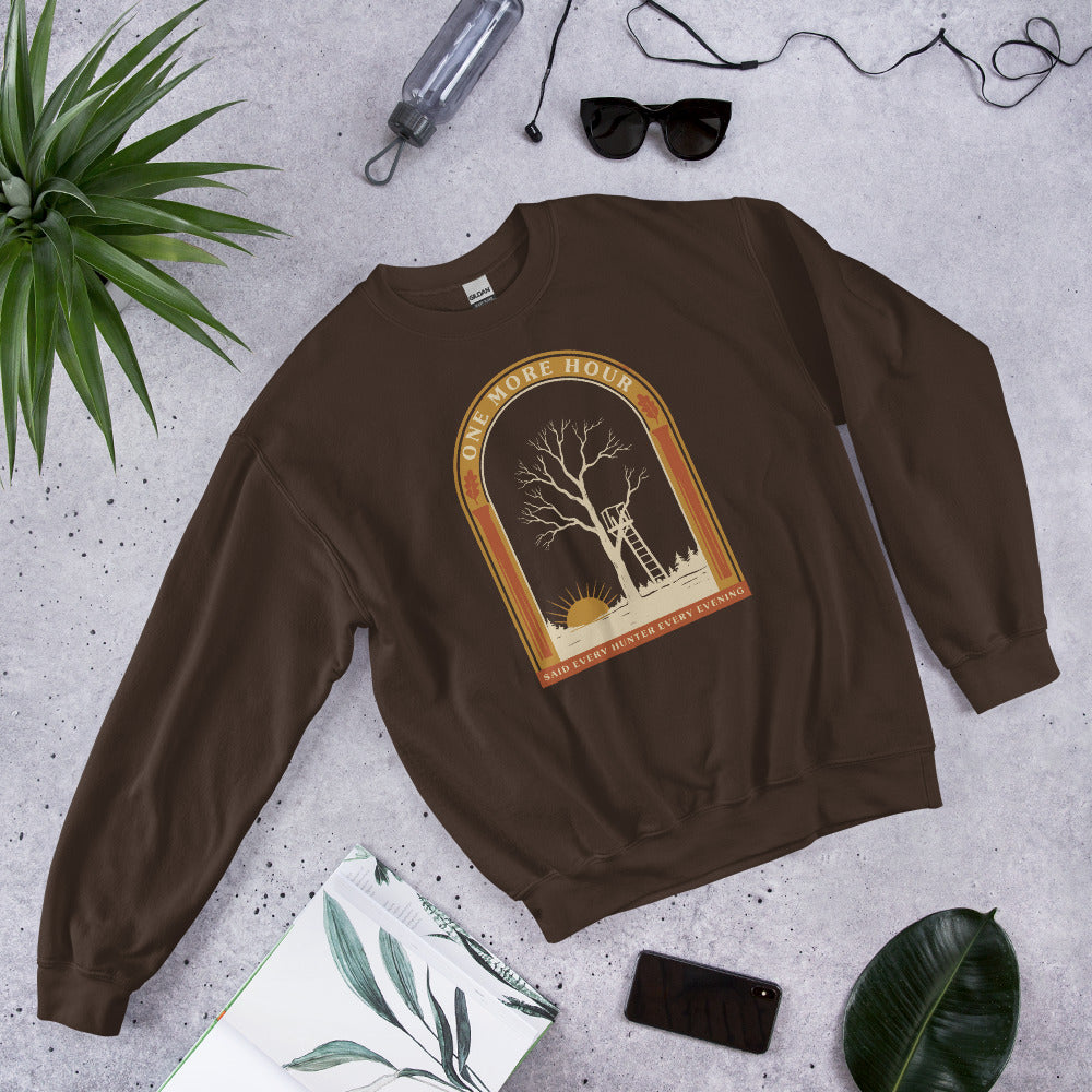 One More Hour funny deer hunting crewneck — Dark Chocolate, front-right