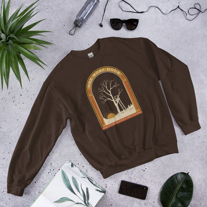 One More Hour funny deer hunting crewneck — Dark Chocolate, front-right