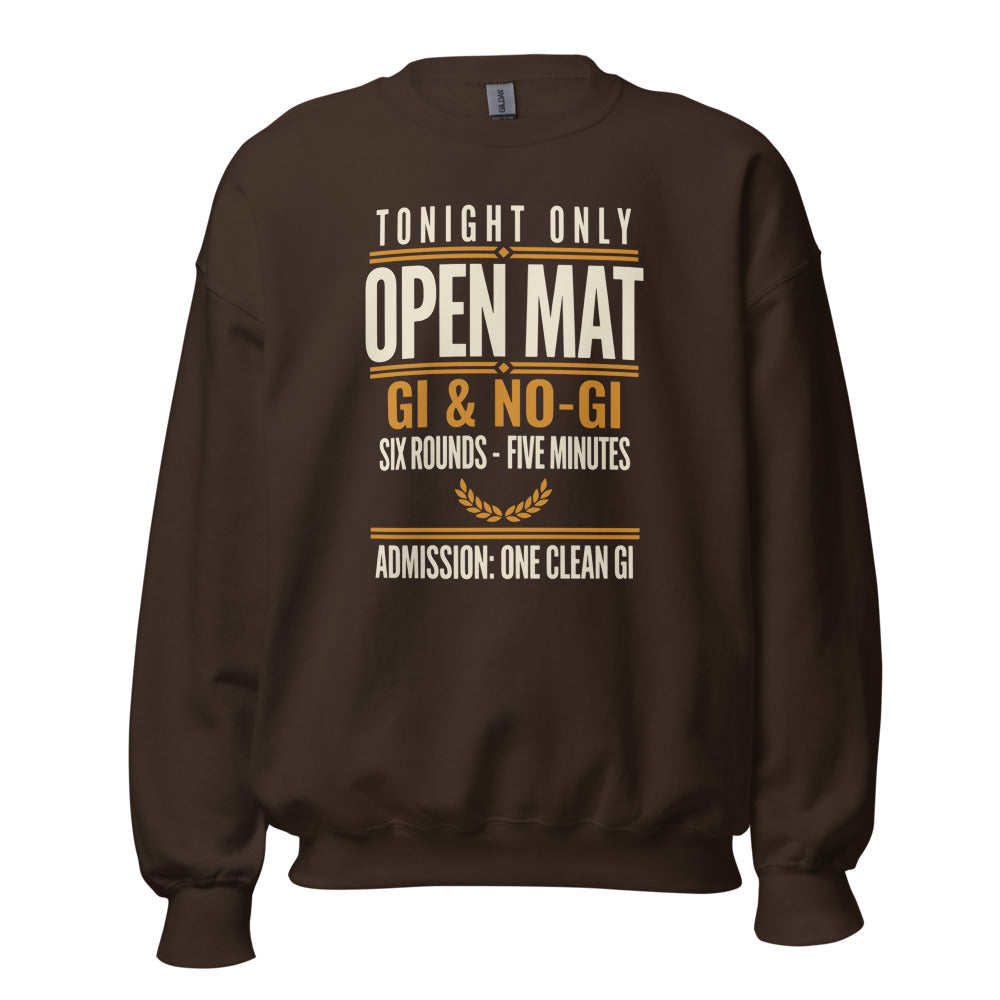Open Mat Tonight Brazilian jiu jitsu crewneck sweatshirt — Dark Chocolate, front