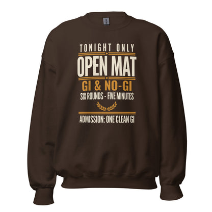 Open Mat Tonight Brazilian jiu jitsu crewneck sweatshirt — Dark Chocolate, front