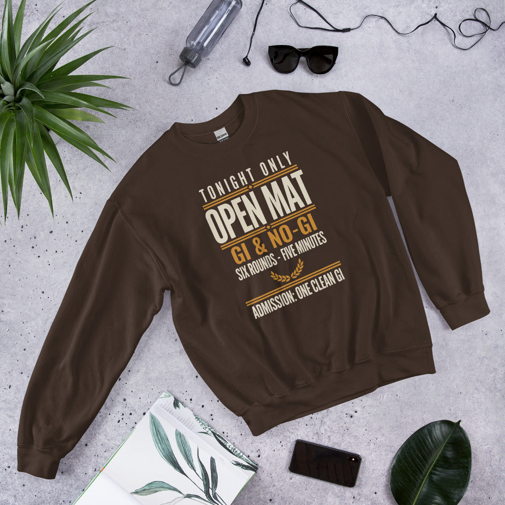 Open Mat Tonight Brazilian jiu jitsu crewneck sweatshirt — Dark Chocolate, front-right