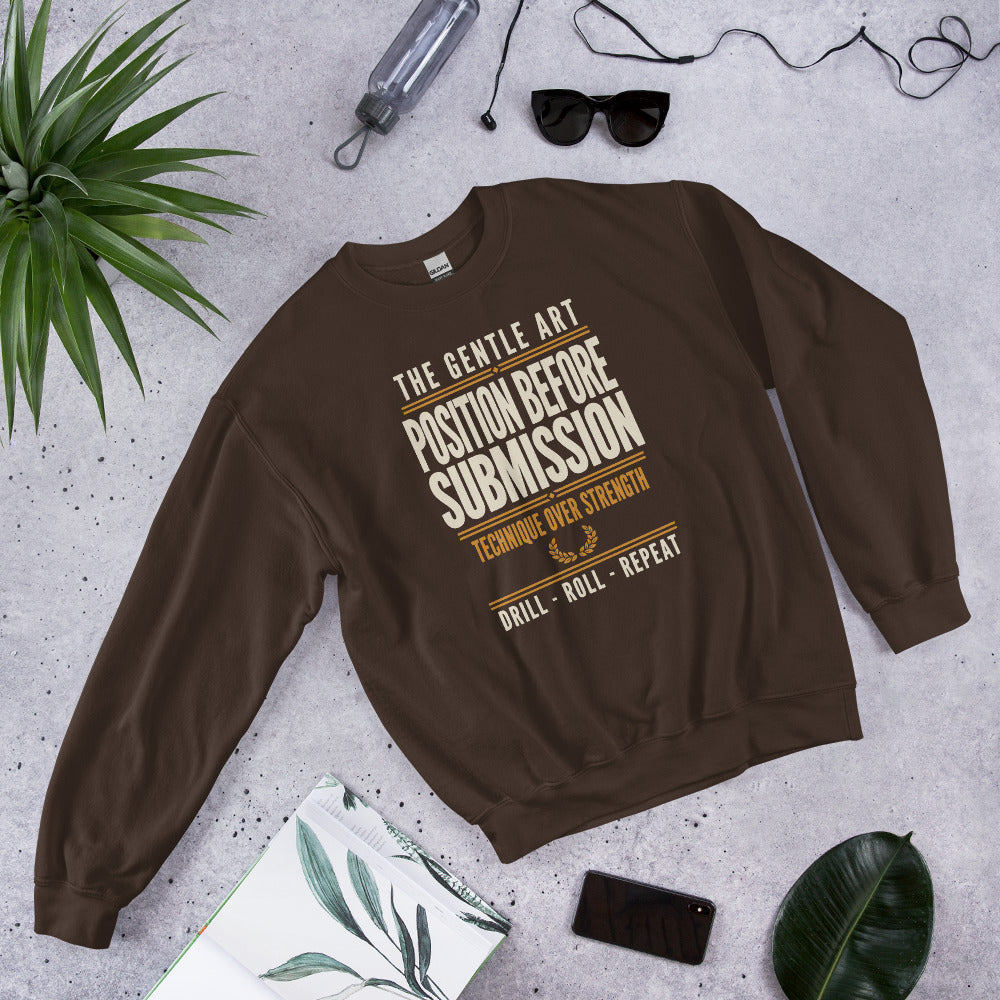 Position Before Submission Brazilian jiu jitsu sweatshirt — Dark Chocolate, front-right