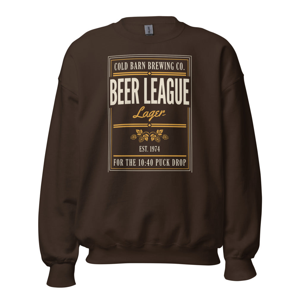 Beer League Cold Barn Brewing lager crewneck sweatshirt — Dark Chocolate, front