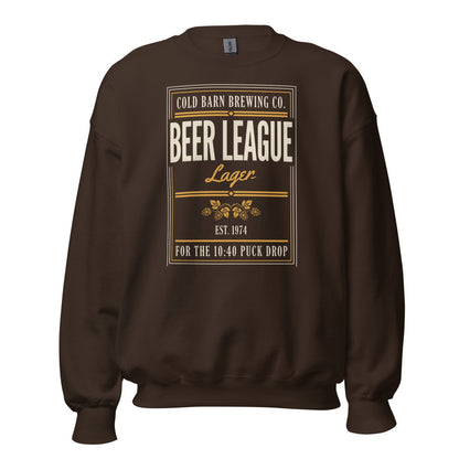 Beer League Cold Barn Brewing lager crewneck sweatshirt — Dark Chocolate, front