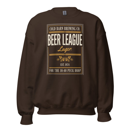 Beer League Cold Barn Brewing lager crewneck sweatshirt — Dark Chocolate, front