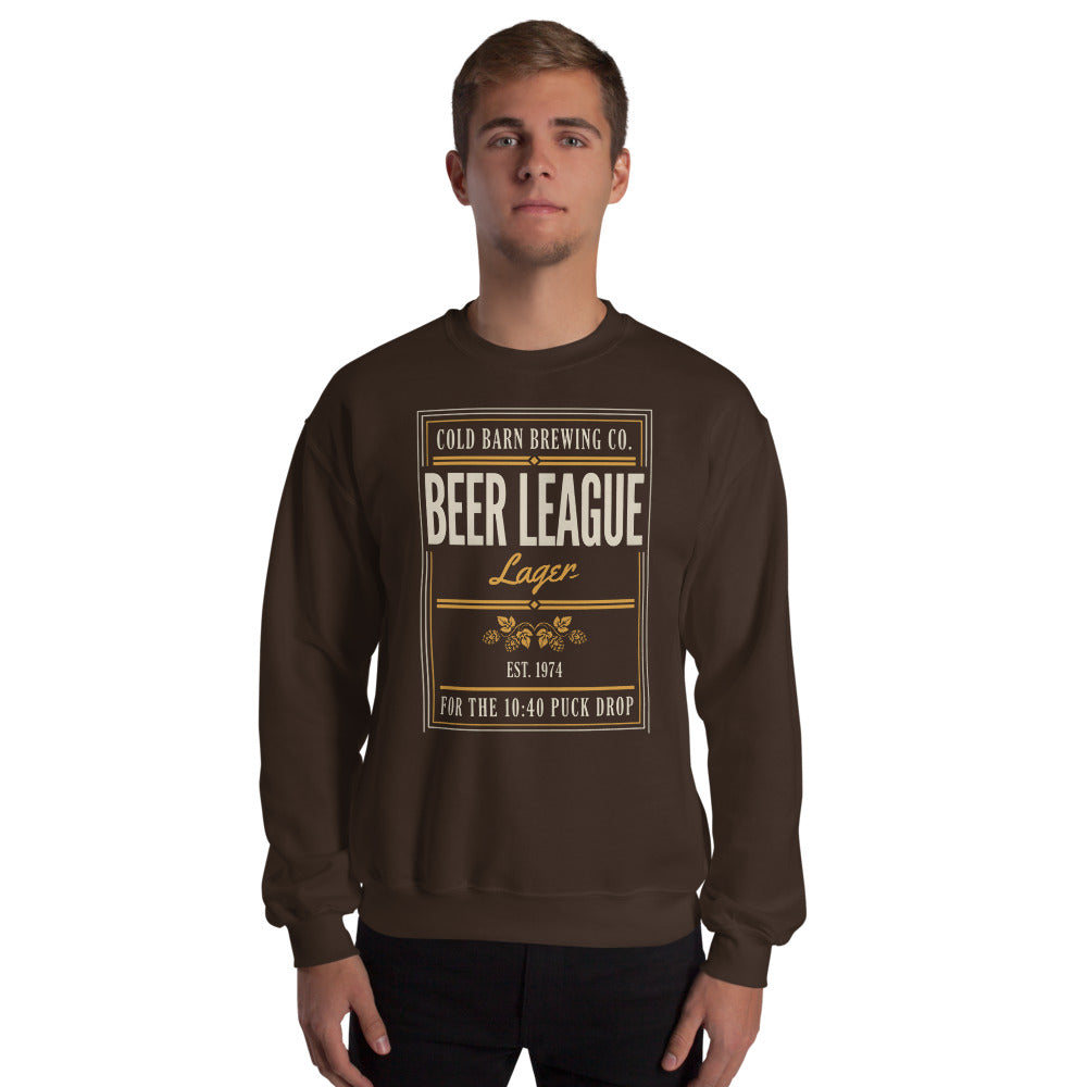 Beer League Cold Barn Brewing lager crewneck sweatshirt — Dark Chocolate, on model
