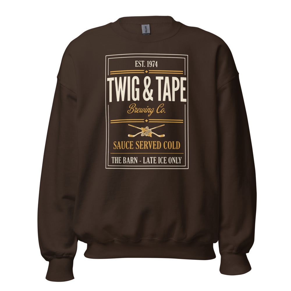 Twig and Tape Brewing Co. beer league hockey crewneck sweatshirt — Dark Chocolate, front