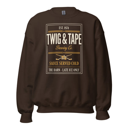 Twig and Tape Brewing Co. beer league hockey crewneck sweatshirt — Dark Chocolate, front