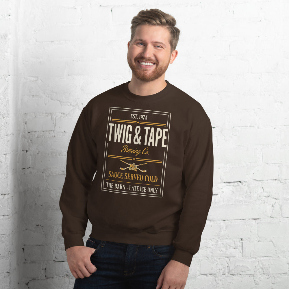 Twig and Tape Brewing Co. beer league hockey crewneck sweatshirt — Dark Chocolate, on model