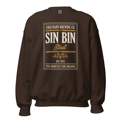 Beer League Sin Bin Stout brewery label crewneck sweatshirt — Dark Chocolate, front