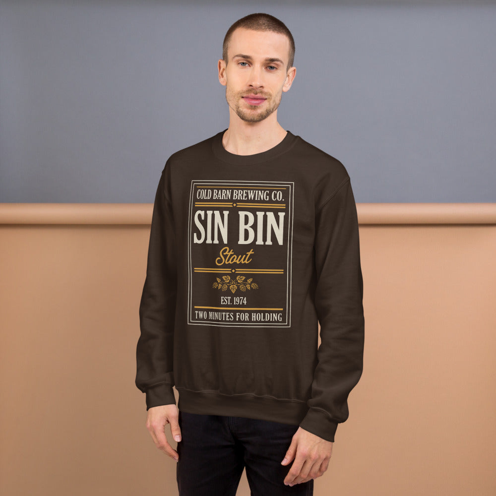 Beer League Sin Bin Stout brewery label crewneck sweatshirt — Dark Chocolate, on model