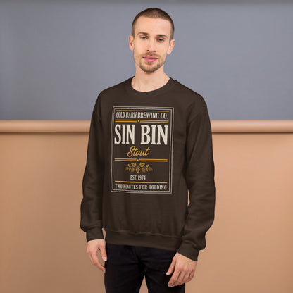 Beer League Sin Bin Stout brewery label crewneck sweatshirt — Dark Chocolate, on model