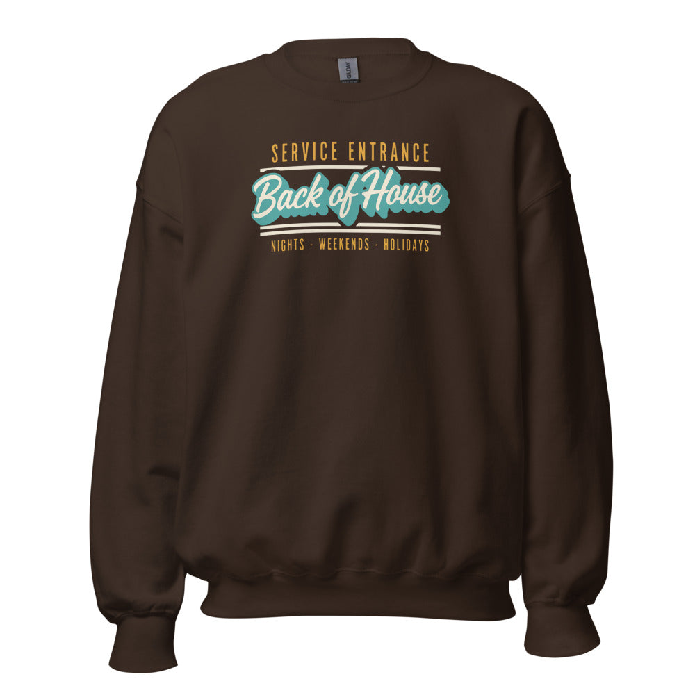 Back of House line cook retro diner service sign crewneck sweatshirt — Dark Chocolate, front