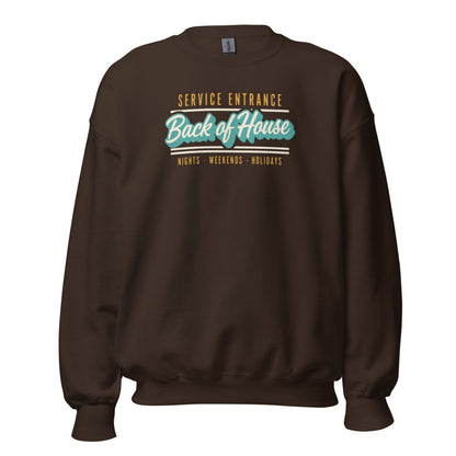 Back of House line cook retro diner service sign crewneck sweatshirt — Dark Chocolate, front