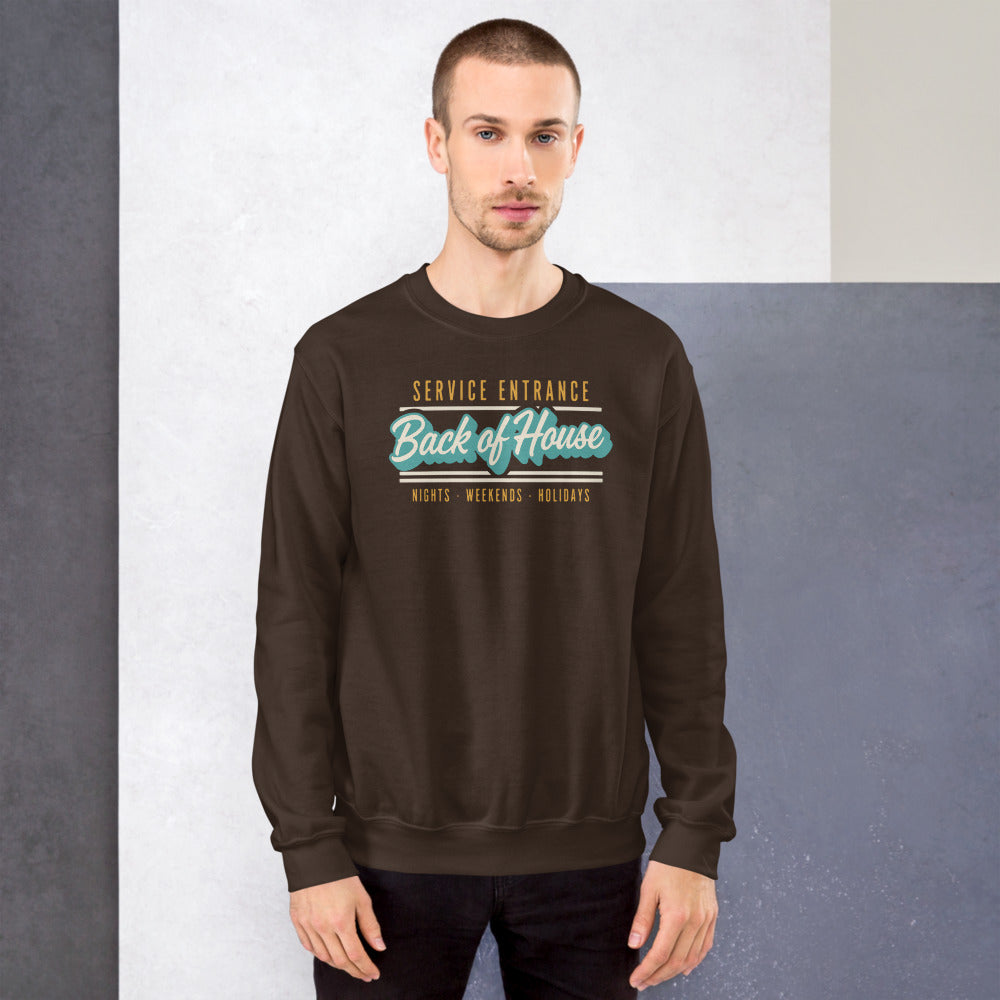 Back of House line cook retro diner service sign crewneck sweatshirt — Dark Chocolate, on model