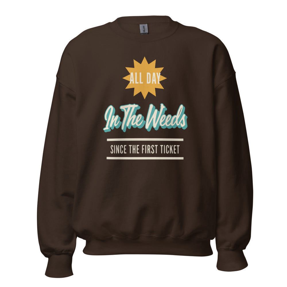 In The Weeds line cook retro diner service sign crewneck sweatshirt — Dark Chocolate, front