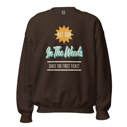In The Weeds line cook retro diner service sign crewneck sweatshirt — Dark Chocolate, front