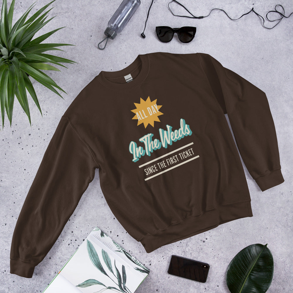 In The Weeds line cook retro diner service sign crewneck sweatshirt — Dark Chocolate, flat lay