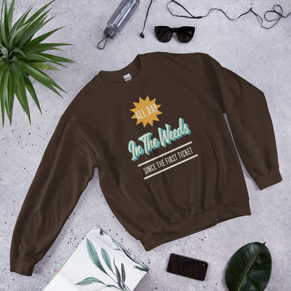 In The Weeds line cook retro diner service sign crewneck sweatshirt — Dark Chocolate, flat lay