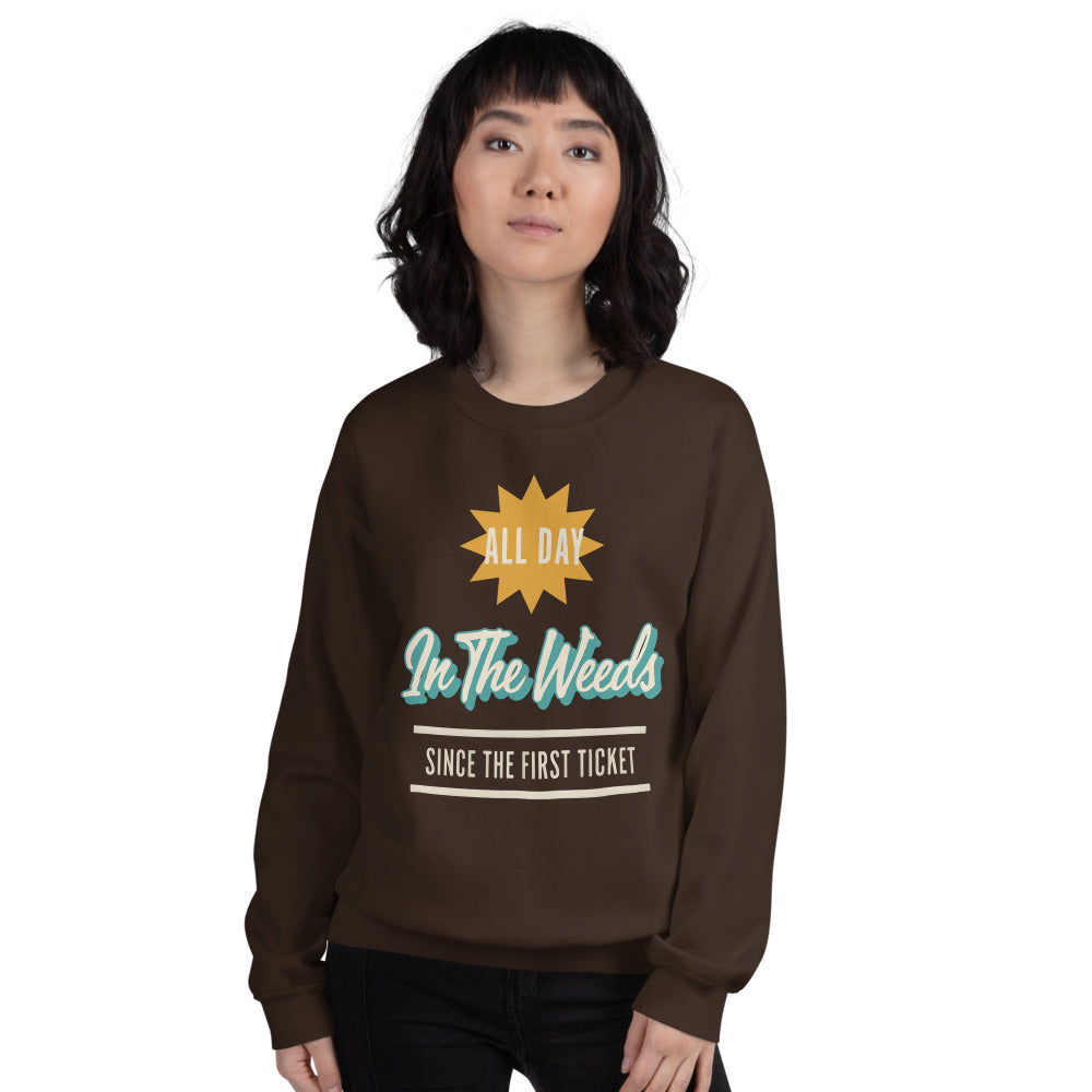 In The Weeds line cook retro diner service sign crewneck sweatshirt — Dark Chocolate, on model