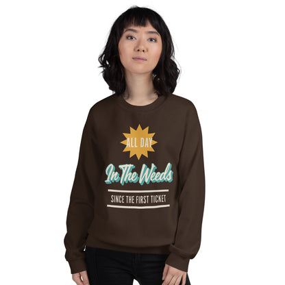 In The Weeds line cook retro diner service sign crewneck sweatshirt — Dark Chocolate, on model