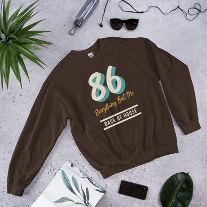 86 Everything But Me line cook back of house crewneck sweatshirt — Dark Chocolate, flat lay