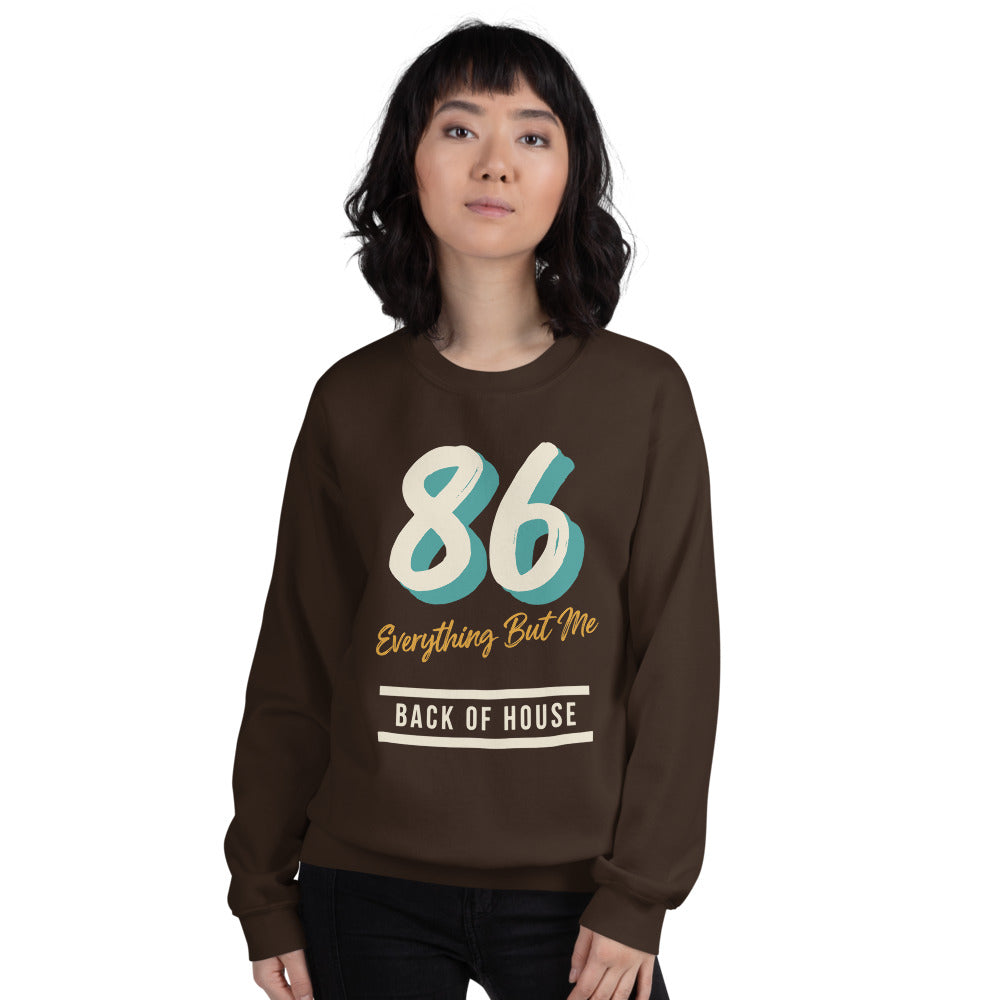 86 Everything But Me line cook back of house crewneck sweatshirt — Dark Chocolate, on model
