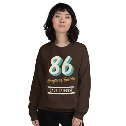 86 Everything But Me line cook back of house crewneck sweatshirt — Dark Chocolate, on model