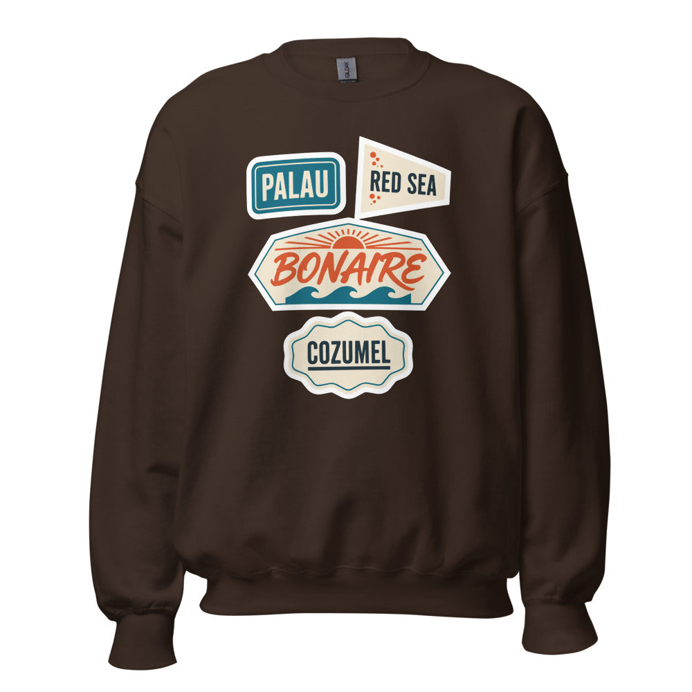Vintage scuba diving dive sites travel decal sweatshirt — Dark Chocolate, front